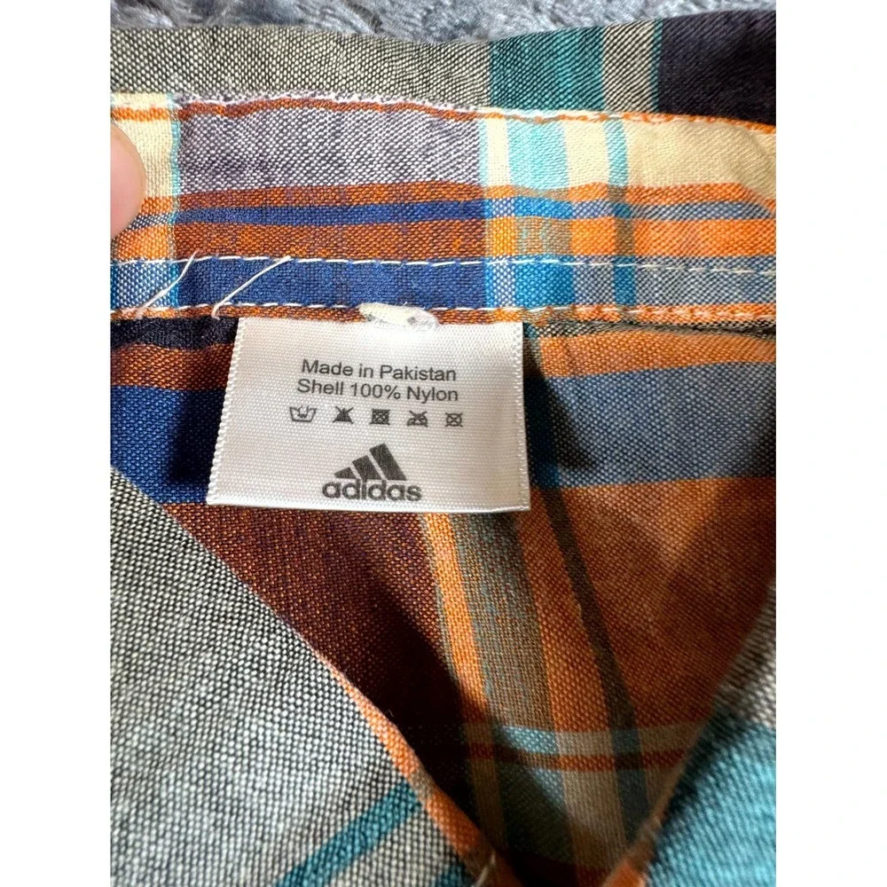 Adidas Shirt Boys S‎ Multicolor Plaid Nylon Short Sleeve Three Stripe Button Up
